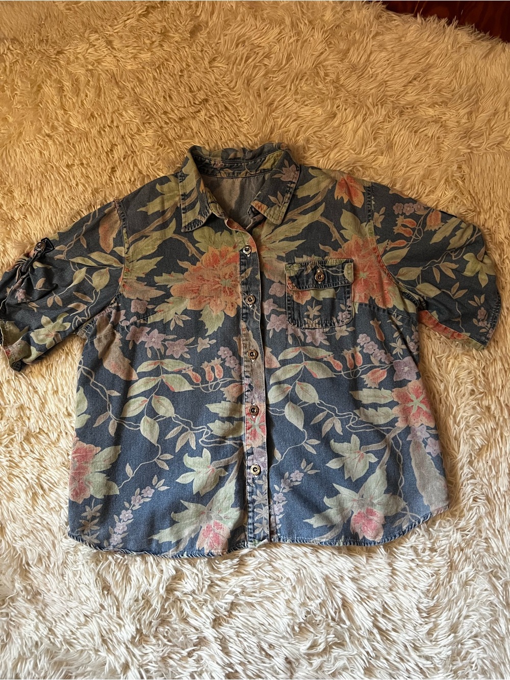 Vintage Denim Floral Button-Front Short Sleeve
